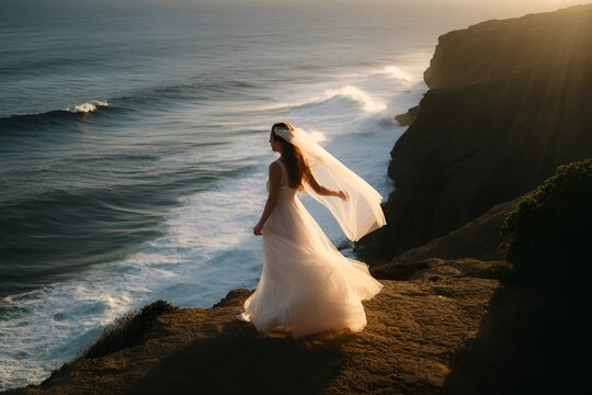 Bride in Flowing Wedding Dress on Dramatic Rocky Ocean Cliff at Sunset