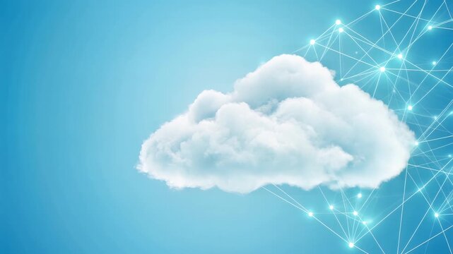Fluffy white cloud floating against vibrant blue sky with glowing interconnected nodes forming a network visualization, symbolizing digital transformation, data connectivity, and cloud computing