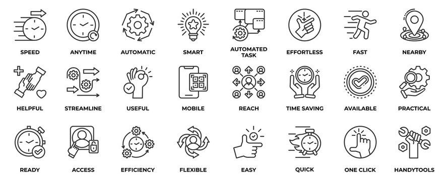 Convenience icon set collection in outline style, an icon pack contain saving, available, practical, ready, access, efficiency, flexible, easy, quick, one click, handy tools . Vector Illustration.