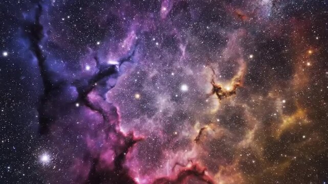 A vibrant cosmic nebula filled with countless stars and swirling clouds of interstellar gas in shades of deep purple blue pink and fiery orange creating a celestial panorama