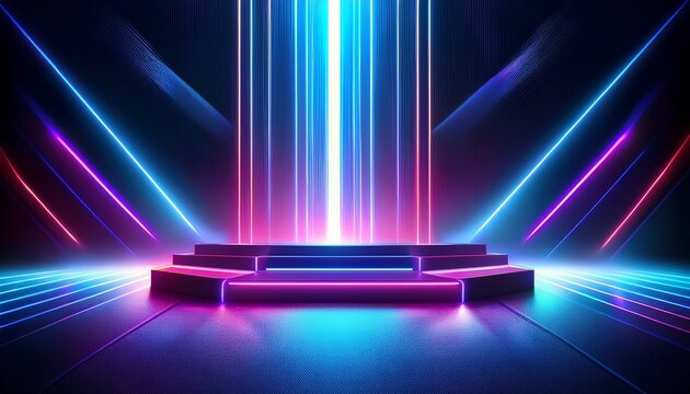 winner podium with vibrant neon lights stage background