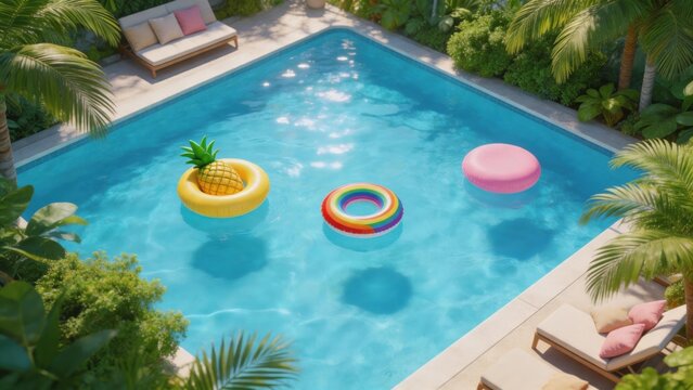 Backyard swimming pool with floaties