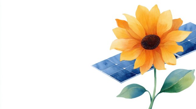 Minimalist watercolor illustration of a giant sunflower where the yellow petals are replaced by sleek dark blue solar panels, catching bright morning sunlight