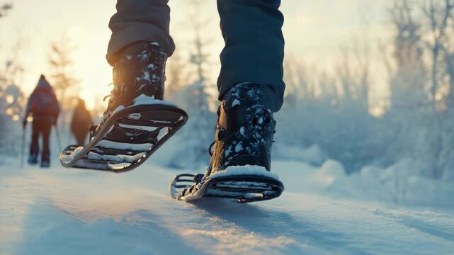Group of hikers using snowshoes for traction on a winter trail during the golden hour.