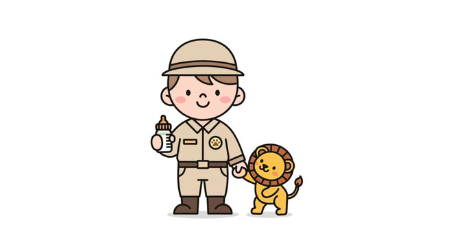 Cartoon zookeeper with little lion cub.
