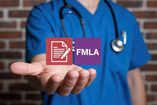 Medical professional holding icons for FMLA and healthcare documentation on a brick background