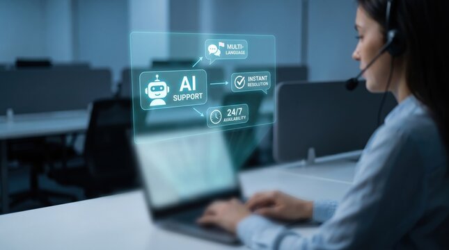 AI-Augmented Customer Support Concept: Professional Agent with Headset and Holographic Chatbot Interface featuring Multi-Language Translation and 24/7 Support Icons