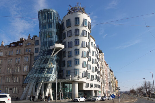 Prague, Czech Republic, March 27th 2026: The iconic Dancing House&nbsp;in Prague, nicknamed &ldquo;Ginger and Fred&rdquo; after Ginger Rogers and Fred Astaire, was designed by architects Frank Gehry&nbsp;and Vlado Milunić.