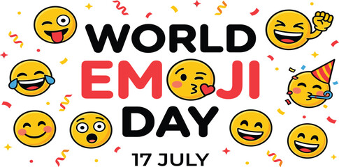 World Emoji Day July 17 Celebration Banner with Diverse Collection of Popular Emoticons Confetti and Creative Typography for Global Social Media Marketing and Digital Communication Designs © MdSirazul