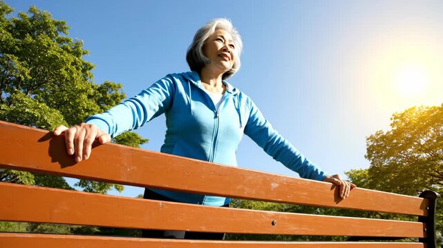 senior asian woman stretching by wooden bench in sunny park. healthy lifestyle, outdoor fitness, and active aging concept. retirement leisure, physical exercise, healthcare