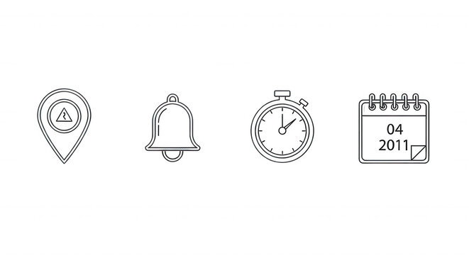 Set of four white outline featuring a location pin with a triangle, a notification bell, a stopwatch timer, and a calendar page showing 04 2011