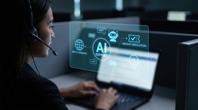 AI-Augmented Customer Support Concept: Professional Agent with Headset and Holographic Chatbot Interface featuring Multi-Language Translation and 24/7 Support Icons