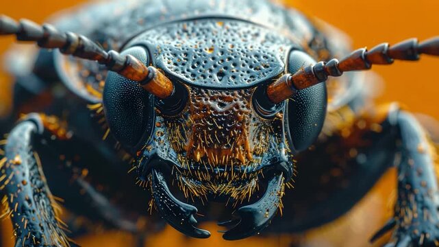 Extreme close-up macro photograph of a detailed beetle's head with segmented antennae and bristly mandibles