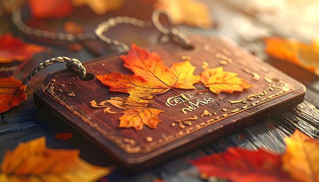 Autumnal wooden tag with vibrant maple leaves, delicate texture and chain detail, symbolizing fall season, rustic charm, and nature's beauty