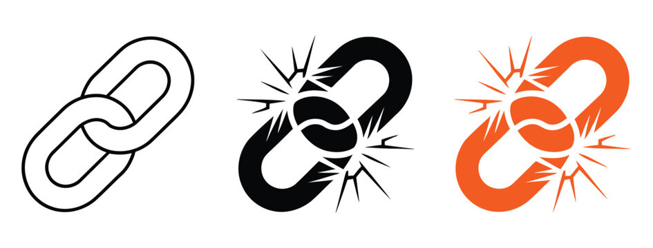 Weakness, broken chain links icon vector, failure, vulnerability, and needing repair symbol, clean flat vector icon suitable for cybersecurity alerts