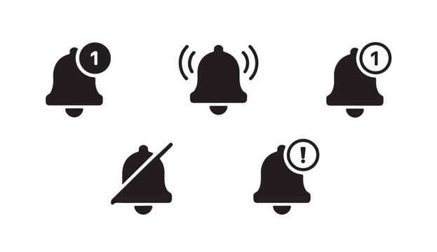 Solid black bell notification icons with ringing silent and numeric alert badge symbols.
