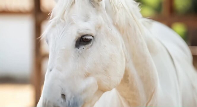 Close-up of a White Horse in a Sunny Stable Environment