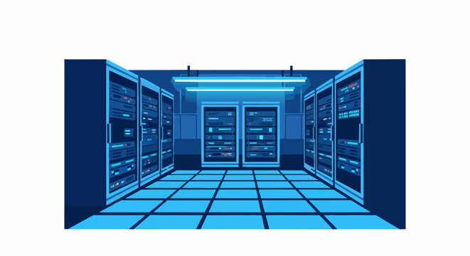 Modern Data Center Server Room Vector Illustration with Cloud Computing Infrastructure and Network Racks