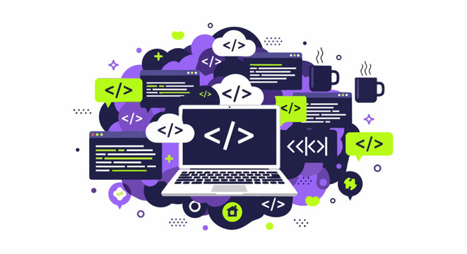 Software Development and Programming Flat Vector Illustration with Laptop and Coding Tags