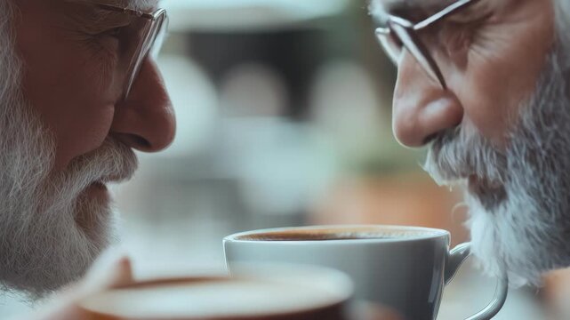 Two men face each other, sipping coffee. They wear glasses and share a thoughtful moment. Their beards are gray, hinting at age and wisdom. Soft focus background suggests a cozy cafe