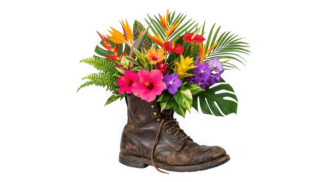 A black leather boot filled with a colorful bouquet of beautiful tropical flowers and green exotic palm leaves