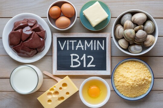 Overhead view of Vitamin B12 rich foods including liver, eggs, cheese, milk, and clams, with a chalkboard sign on a rustic wooden table.