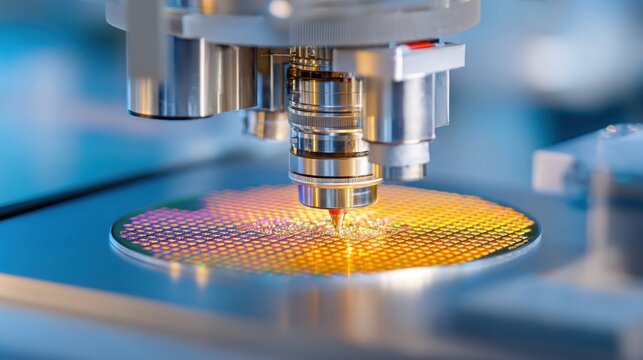 close up, photolithography mask aligned above silicon wafer, precision stage, lab lighting, chip fabrication process