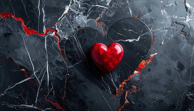 Close-up of a cracked, textured dark surface with a shiny red heart symbol, representing broken love or deep emotion, with glittering accents and abstract dark patterns