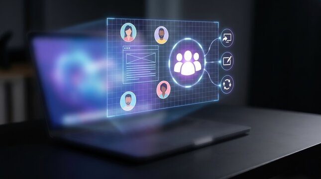 Remote Collaboration and Virtual Workspace Concept: Laptop with Holographic Video Call Avatars, Shared Document Interface, and Real-Time File Sync Icons