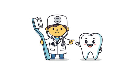 Dentist and cartoon tooth character smiling. © alfan