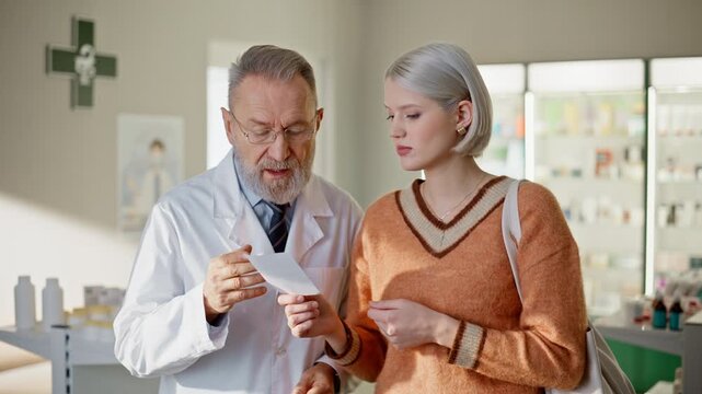 Doctor customer discussing medicine recommendation at pharmacy. Pharmacist help