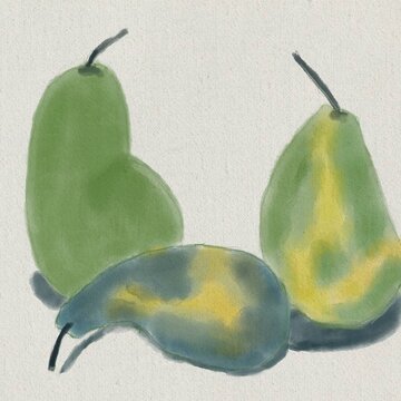 watercolor painting of three green and yellow pears on a white textured background. fruit still life art, minimal botanical concept