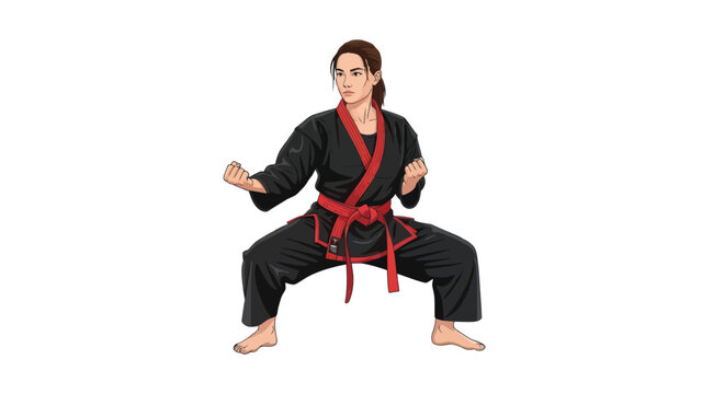 Woman in black karate uniform practicing martial arts stance