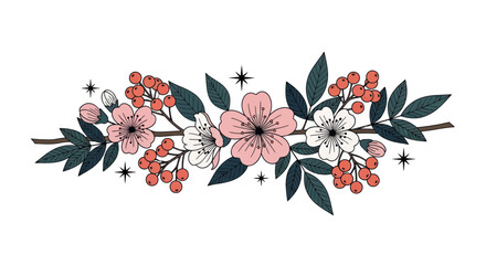Floral branch illustration with pink cherry blossoms and red berries © Barokah