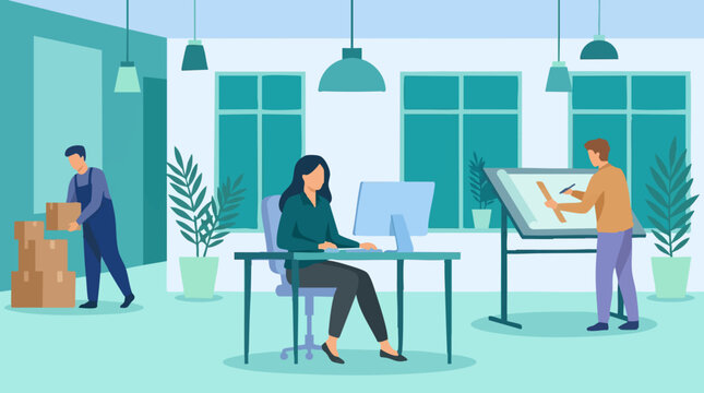 Modern office workflow: designer, computer work, and logistics tasks