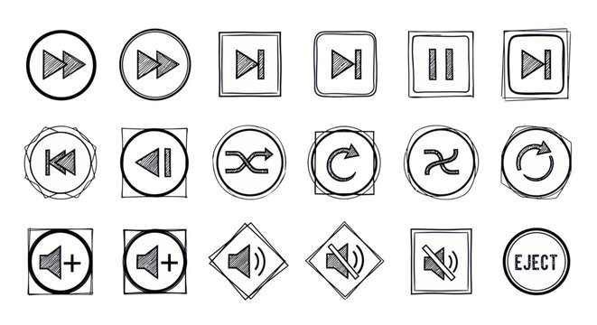 Hand drawn media player icons and video audio control buttons in sketch style
