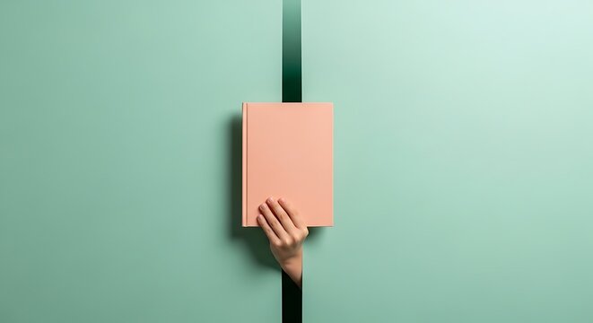 Hand Holding a Plain Pink Book Cover Through a Narrow Vertical Gap in Green Background for Education and Knowledge Concept