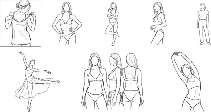 Stylized human figure line drawings showing diverse poses, clothing outlines, and anatomy references for art and design