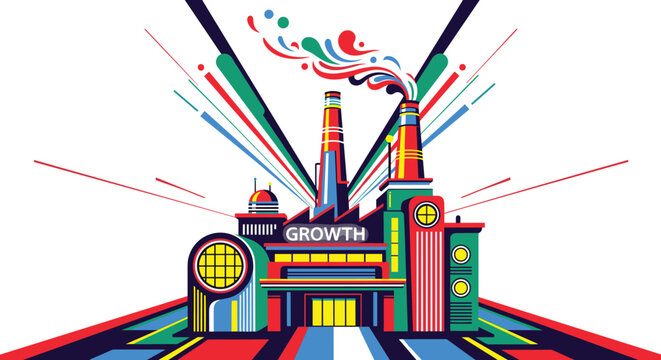 The industrial facility features the word growth prominently, releasing vibrant, swirling smoke trails that create a dynamic and energetic visual effect.