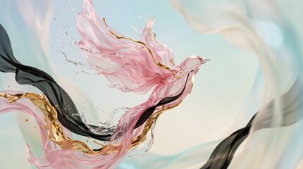 Fototapeta premium A graceful bird shape formed by flowing pink liquid and gold splashes captured in this elegant artistic studio photograph shot