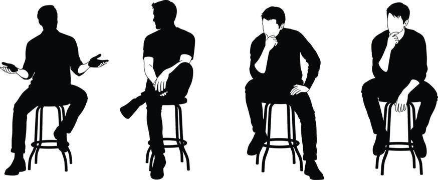 Seated human silhouettes on stools with expressive body language, thoughtful poses, vector illustration for communication, gesture, posture, and design use