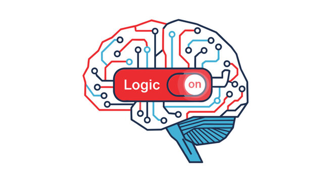 A stylized brain illustration showcases complex circuit pathways and a red toggle switch set to the on position, emphasizing logic and rational thought.