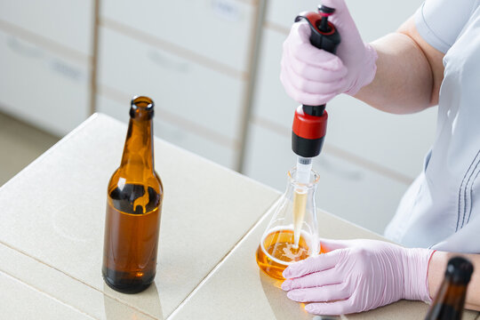 Worker chemist conducting quality control in beer factory laboratory, top view