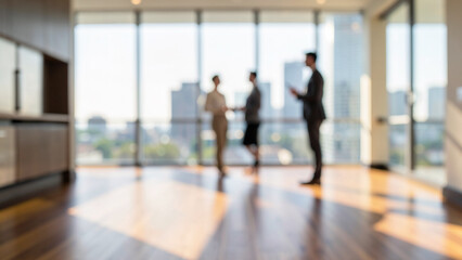 Fototapeta premium Corporate meeting in modern high rise office with city view