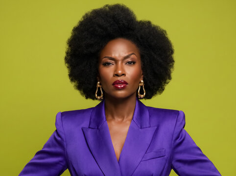 Black woman portrait beauty serious olive background forties ebony purple blazer powerful direct gaze showing leadership strength beauty for empowerment executive branding diversity