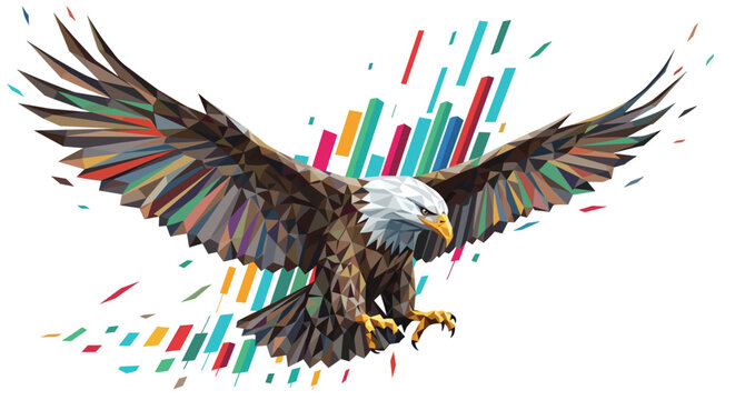 A majestic eagle rendered in a colorful, low-poly geometric style soars over a background of vibrant bar charts, symbolizing high-level performance.