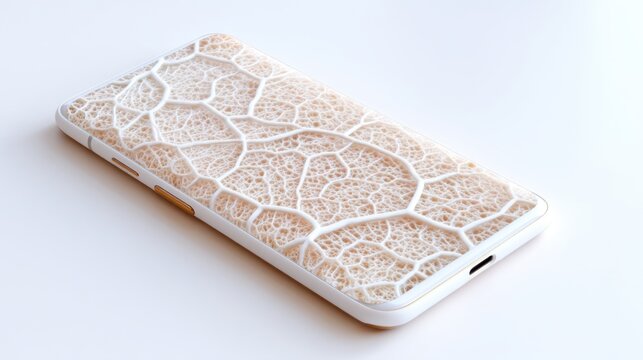 Product shot of a conceptual smartphone with a white mycelium organic body, velvety fibrous texture, seamless bio glass screen, sustainable electronics