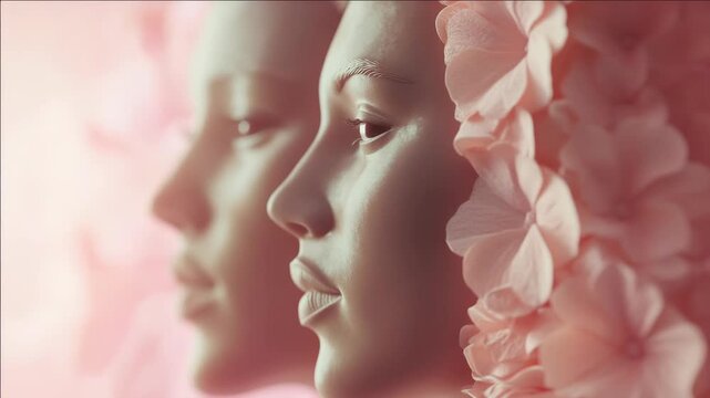 Close up of a woman's face with a floral patterned headdress and futuristic background for virtual reality technology advertisement.