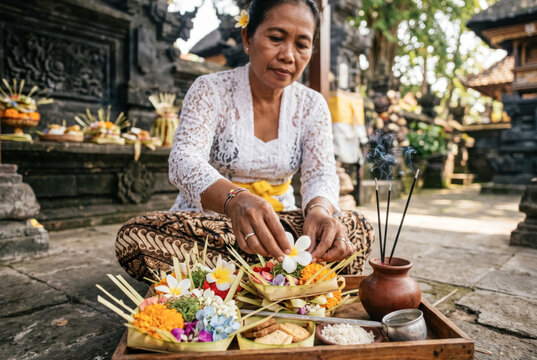 Woman preparing colorful Balinese flower offerings at temple table.generative AI