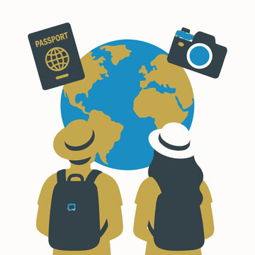 Illustration of a traveling couple with globe passport and camera.